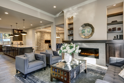 living room filled with built-in fireplace